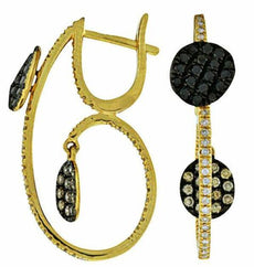 .84CT WHITE BLACK AND MOCHA DIAMOND 14KT YELLOW GOLD 3D HANGING HOOP EARRINGS