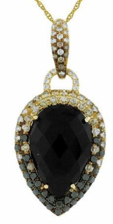 1.39CT MULTI COLOR DIAMOND & AAA ONYX 14KT YELLOW GOLD 3D TEAR DROP LOVE PENDANT