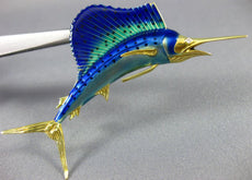 ANTIQUE AAA BLUE & GREEN ENAMEL 18KT YELLOW GOLD 3D SWORDFISH PIN BROOCH #21878