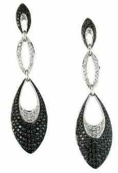2.0CT WHITE & BLACK DIAMOND 14K WHITE GOLD 3D TEAR DROP JOURNEY HANGING EARRINGS
