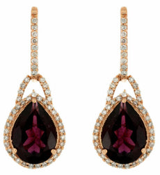 4.40CT DIAMOND & AAA RHODOLITE 14KT ROSE GOLD PEAR SHAPE HALO LEVERBACK EARRINGS