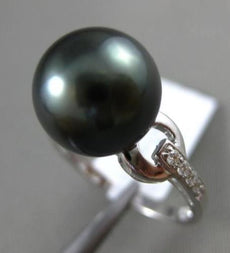 ESTATE LARGE .09CT DIAMOND 14KT WHITE GOLD 3D TAHITIAN PEARL PAVE SOLITAIRE RING