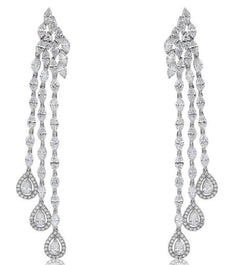10.41CT DIAMOND 18KT WHITE GOLD 3D MULTI SHAPE 3 ROW TEAR DROP HANGING EARRINGS