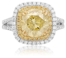ESTATE LARGE 3.87CT WHITE & FANCY YELLOW DIAMOND 18K 2 TONE GOLD ENGAGEMENT RING