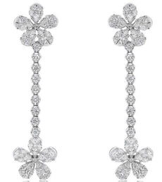 LARGE 3.65CT DIAMOND 18KT WHITE GOLD 3D ROUND & BAGUETTE FLOWER HANGING EARRINGS