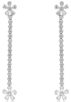 LARGE 3.17CT DIAMOND 18KT WHITE GOLD 3D ROUND & BAGUETTE FLOWER HANGING EARRINGS