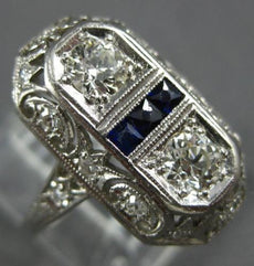 ANTIQUE WIDE .70CT OLD MINE DIAMOND & AAA SAPPHIRE PLATINUM OPEN FILIGREE RING