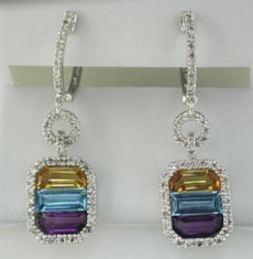 ESTATE 3.95CT AAA MULTI GEM 14KT WHITE GOLD 3D OCTAGON CLASSIC HANGING EARRINGS