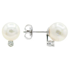 ESTATE .09CT DIAMOND AAA PEARL 14K WHITE GOLD 3D CLASSIC SOLITAIRE STUD EARRINGS