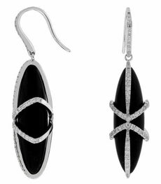 ESTATE .95CT DIAMOND & AAA ONYX 14KT WHITE GOLD FLOWER MARQUISE HANGING EARRINGS