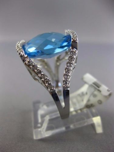 ESTATE LARGE 9.20CT DIAMOND & AAA BLUE TOPAZ 14KT WHITE GOLD OPEN FILIGREE RING