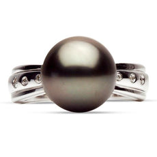 ESTATE .04CT DIAMOND & AAA TAHITIAN PEARL 14KT WHITE GOLD 3 STONE BURNISH RING