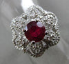 ESTATE LARGE 3CT ROUND DIAMOND & RUBY 18KT WHITE GOLD 3D FLOWER COCKTAIL RING