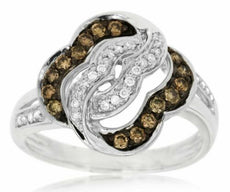 .40CT WHITE & CHOCOLATE FANCY DIAMOND 14KT WHITE GOLD FLOWER LOVE KNOT FUN RING