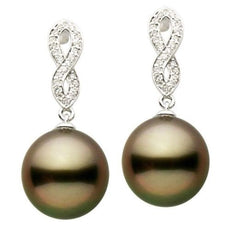 ESTATE .15CT DIAMOND & AAA TAHITIAN PEARL 14K WHITE GOLD INFINITY LOVE EARRINGS