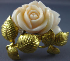 ANTIQUE LARGE .15CT DIAMOND & AAA CORAL 18KT YELLOW GOLD FLOWER PIN BROOCH #2470