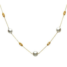 ESTATE .14CT DIAMOND & SOUTH SEA PEARL 14KT YELLOW GOLD BARREL TIN CUP NECKLACE