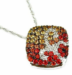 1.55CT DIAMOND & AAA ORANGE & YELLOW SAPPHIRE 14KT WHITE GOLD SQUARE FUN PENDANT