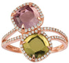 ESTATE 3.0CT DIAMOND & GREEN PINK QUARTZ 14KT ROSE GOLD 3D SQUARE HALO FUN RING