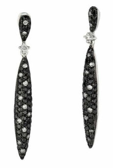 1.13CT WHITE & BLACK DIAMOND 14K WHITE GOLD ELONGATED TEAR DROP HANGING EARRINGS
