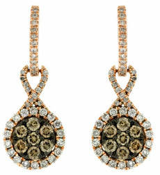 1.27CT WHITE & CHOCOLATE FANCY DIAMOND 14KT ROSE GOLD 3D FLOWER HANGING EARRINGS