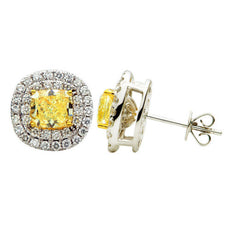 ESTATE LARGE 3.25CT WHITE & FANCY YELLOW DIAMOND 18KT 2 TONE GOLD ROUND EARRINGS