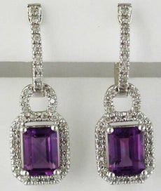 2.20CT DIAMOND & AAA AMETHYST 14KT WHITE GOLD 3D EMERALD CUT HANGING EARRINGS