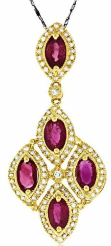 1.83CT DIAMOND & AAA RUBY 14KT YELLOW GOLD ROUND & MARQUISE FLOWER LOVE PENDANT