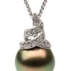 ESTATE .12CT DIAMOND & AAA TAHITIAN PEARL 18KT WHITE GOLD MILGRAIN SWIRL PENDANT