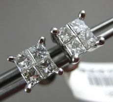 ESTATE LARGE 1.07CT PRINCESS DIAMOND 14KT WHITE GOLD 3D INVISIBLE STUD EARRINGS