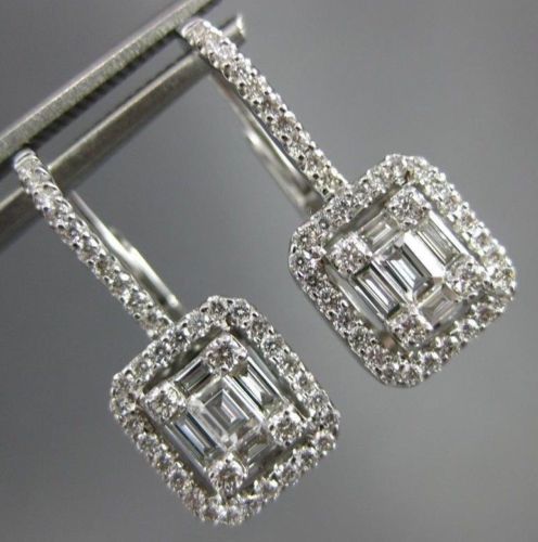 .80CT DIAMOND 18K WHITE GOLD ROUND & BAGUETTE CLUSTER LEVERBACK HANGING EARRINGS
