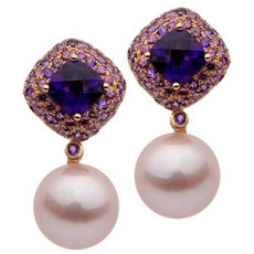 ESTATE LARGE .52CT AAA AMETHYST RHODOLITE & PEARL 18K ROSE GOLD HANGING EARRINGS