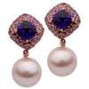 ESTATE LARGE .52CT AAA AMETHYST RHODOLITE & PEARL 18K ROSE GOLD HANGING EARRINGS