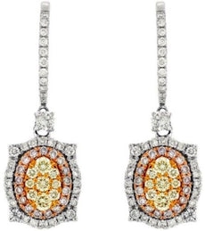 ESTATE 1.41CT WHITE FANCY YELLOW & PINK DIAMOND 14KT WHITE GOLD FLOWER EARRINGS