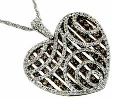 2.28CT WHITE & CHOCOLATE FANCY DIAMOND 14KT WHITE GOLD HEART MULTI ROW PENDANT