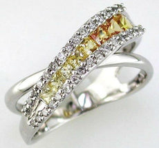 .90CT DIAMOND & AAA YELLOW SAPPHIRE 14KT WHITE GOLD RAINBOW X LOVE RAINBOW RING