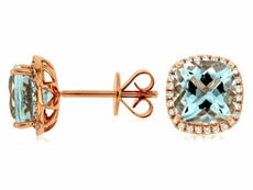 ESTATE 4.01CT DIAMOND & AAA AQUAMARINE 14KT ROSE GOLD CUSHION HALO STUD EARRINGS