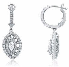ESTATE 1.04CT ROUND & MARQUISE DIAMOND 14KT WHITE GOLD 3D HALO HANGING EARRINGS