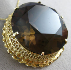 ANTIQUE EXTRA LARGE 150CT SMOKEY TOPAZ 14KT YELLOW GOLD 3D BROOCH PENDANT #21679