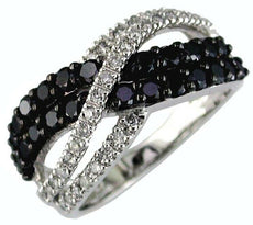 1.50CT WHITE & BLACK DIAMOND 14KT WHITE GOLD MULTI ROW INFINITY CRISS CROSS RING