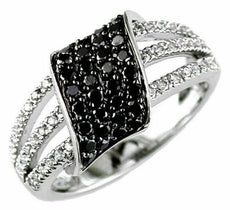 .83CT WHITE & BLACK DIAMOND 14KT WHITE GOLD 3D THREE ROW LEAF PAVE FUN RING