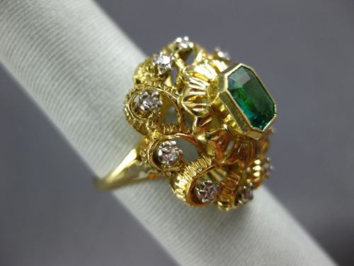 ANTIQUE LARGE .91CT OLD MINE DIAMOND & AAA EMERALD 14KT YELLOW GOLD FLOWER RING