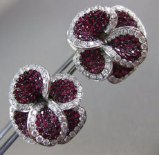 ESTATE LARGE 4.35CT DIAMOND & AAA RUBY 18K WHITE GOLD 3D HALO FLOWER EARRINGS