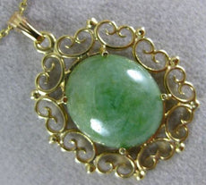 ANTIQUE WIDE AAA JADE 14KT YELLOW GOLD 3D FILIGREE HEART FLOATING PENDANT #24042
