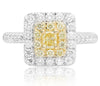 ESTATE 1.04CT WHITE & FANCY YELLOW DIAMOND 18K 2 STONE GOLD HALO ENGAGEMENT RING