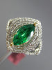 ESTATE WIDE 1.31CT DIAMOND & AAA EMERALD 18K 2 TONE GOLD 3D HALO ENGAGEMENT RING