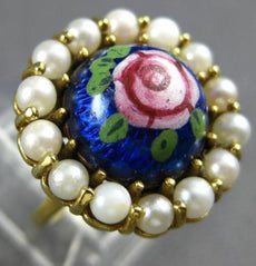ANTIQUE LARGE AAA PEARL & MULTI COLOR ENAMEL 14K YELLOW GOLD 3D FLOWER ROSE RING