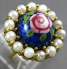 ANTIQUE LARGE AAA PEARL & MULTI COLOR ENAMEL 14K YELLOW GOLD 3D FLOWER ROSE RING