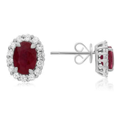ESTATE 2.93CT DIAMOND & AAA RUBY 18KT WHITE GOLD OVAL HALO CLASSIC STUD EARRINGS