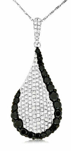 1.32CT WHITE & BLACK DIAMOND 14KT WHITE GOLD 3D CLASSIC PAVE TEAR DROP PENDANT